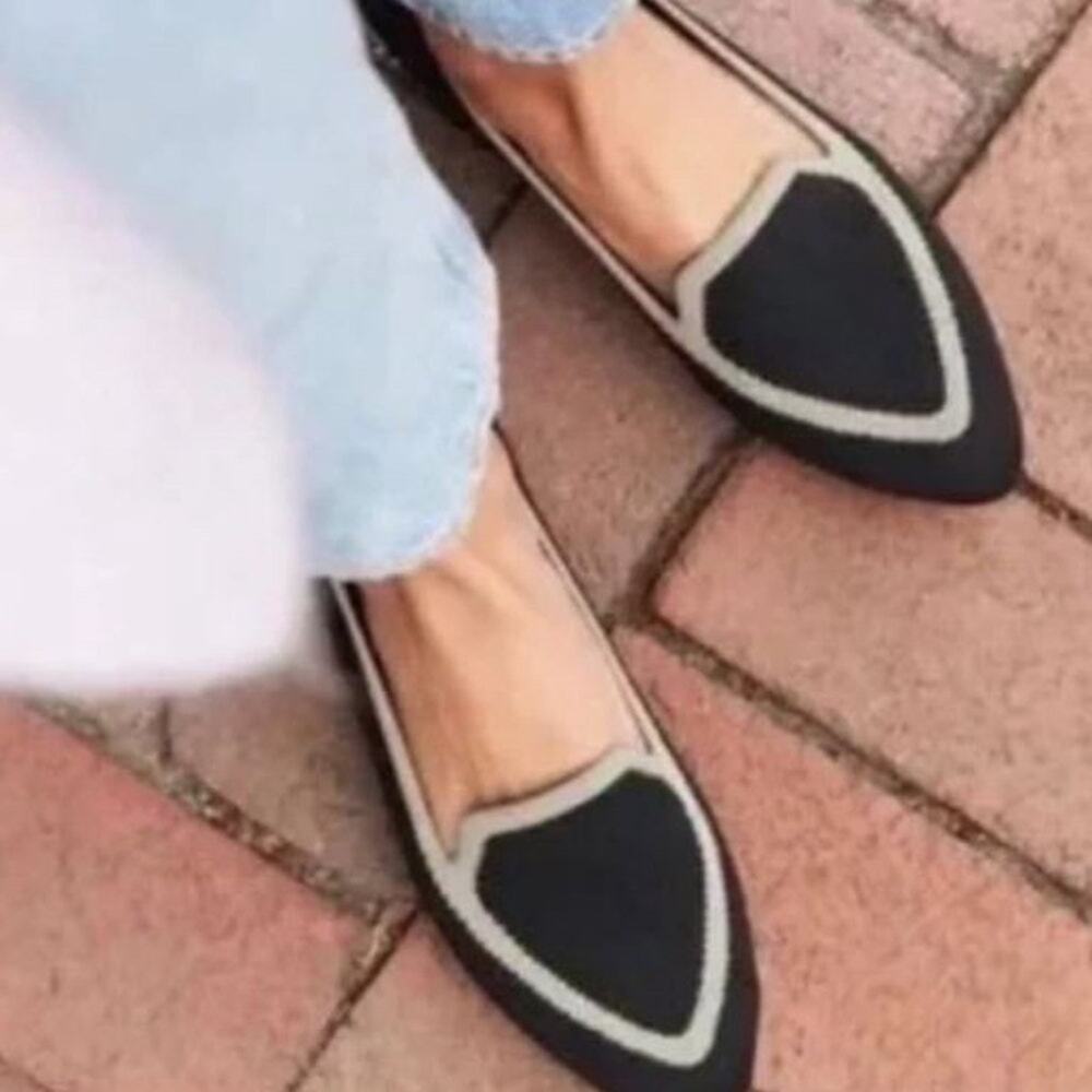 Birdies Blackbird Ballet Flats Pointed Knit Black Beige 8 Preppy Quiet Luxury